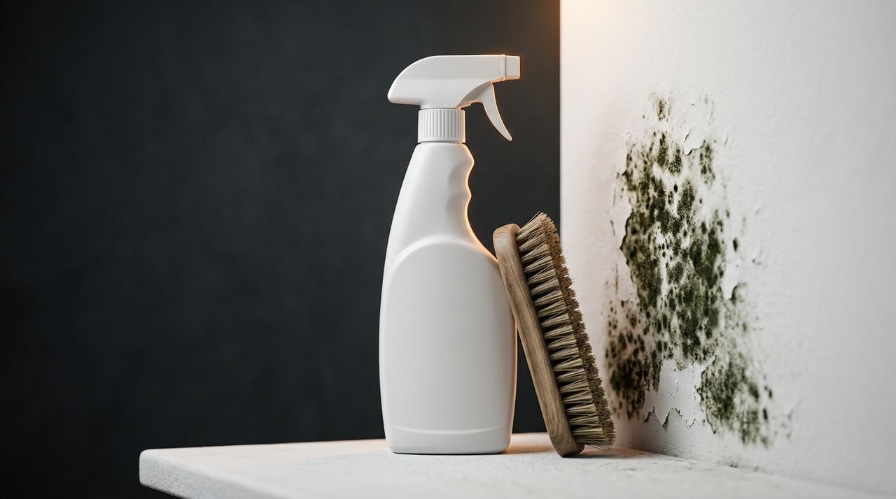 A bottle of bleach next to mold growing on a wood surface