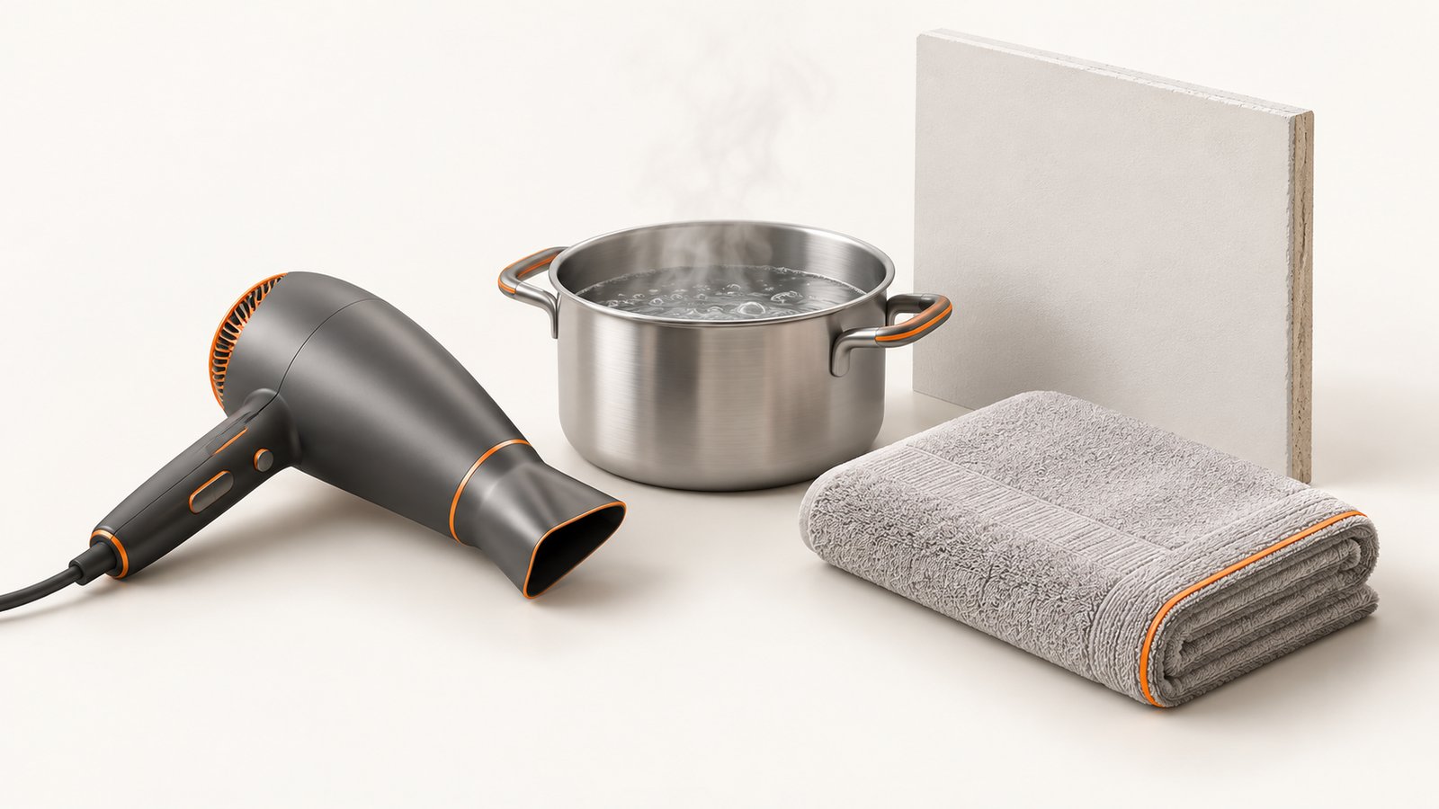 A hair dryer, a pot of water and a folded towel beside a wall panel