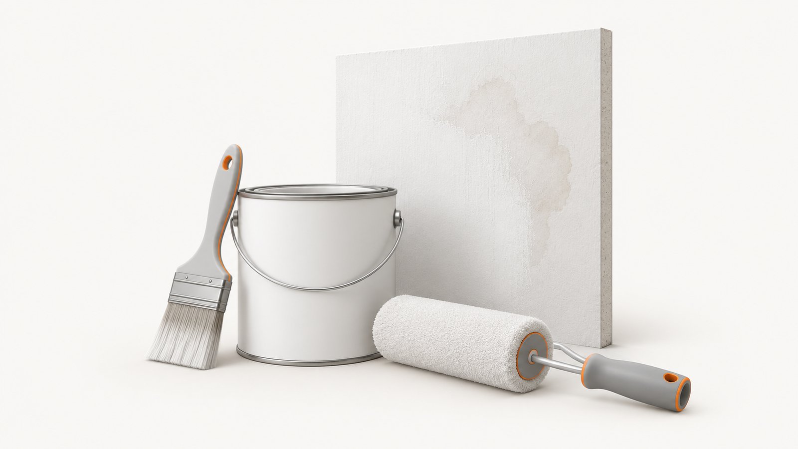 A can of white primer beside a freshly primed drywall patch in a bathroom