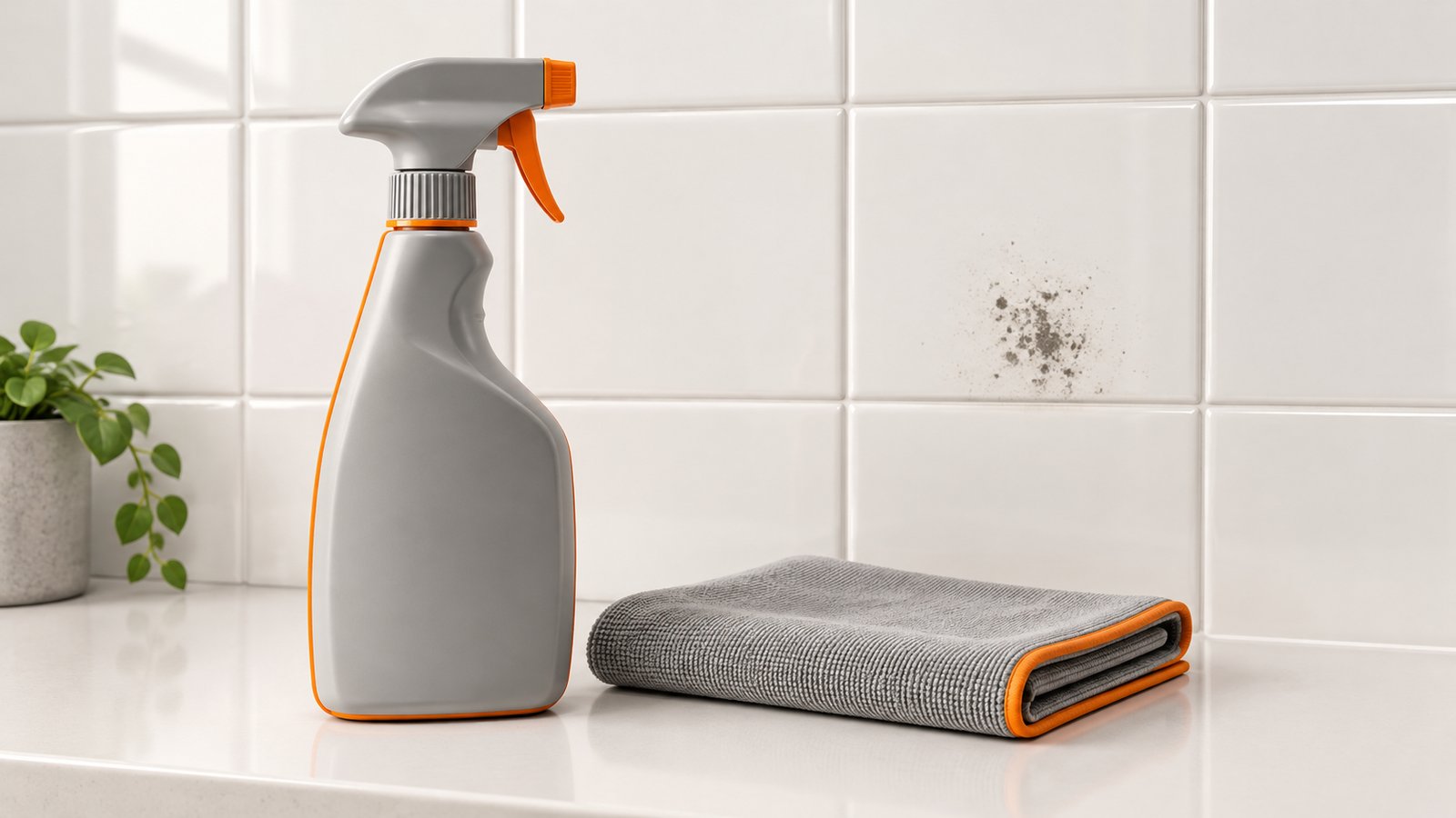 A spray bottle and a folded cloth beside a clean bathroom tile wall with a small mold patch