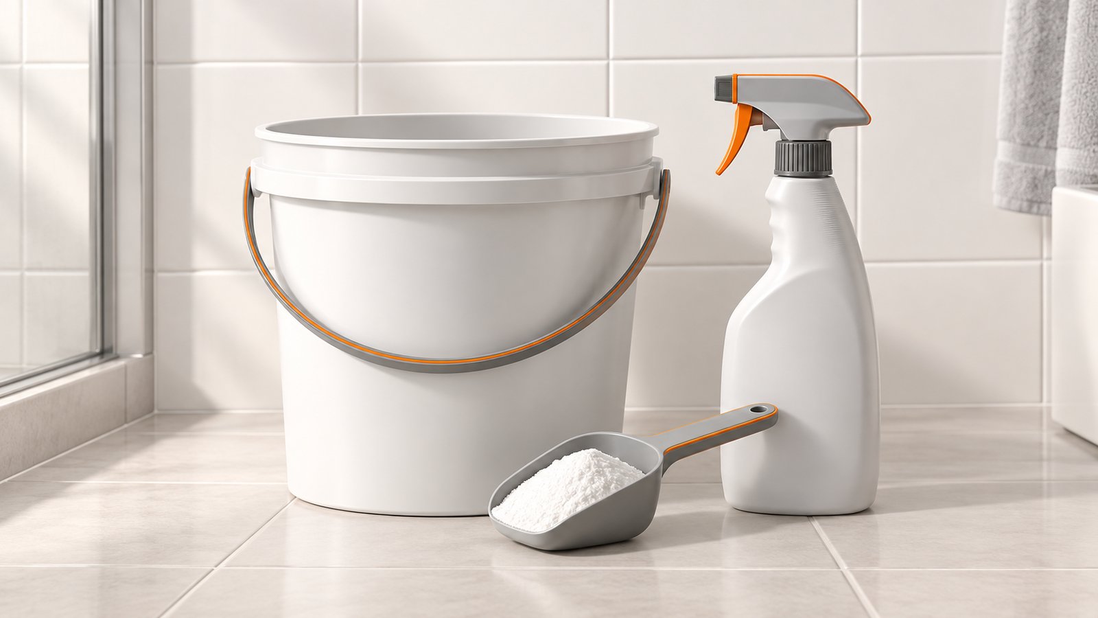 A white bucket, a scoop of white powder and a spray bottle beside a clean tiled bathroom wall
