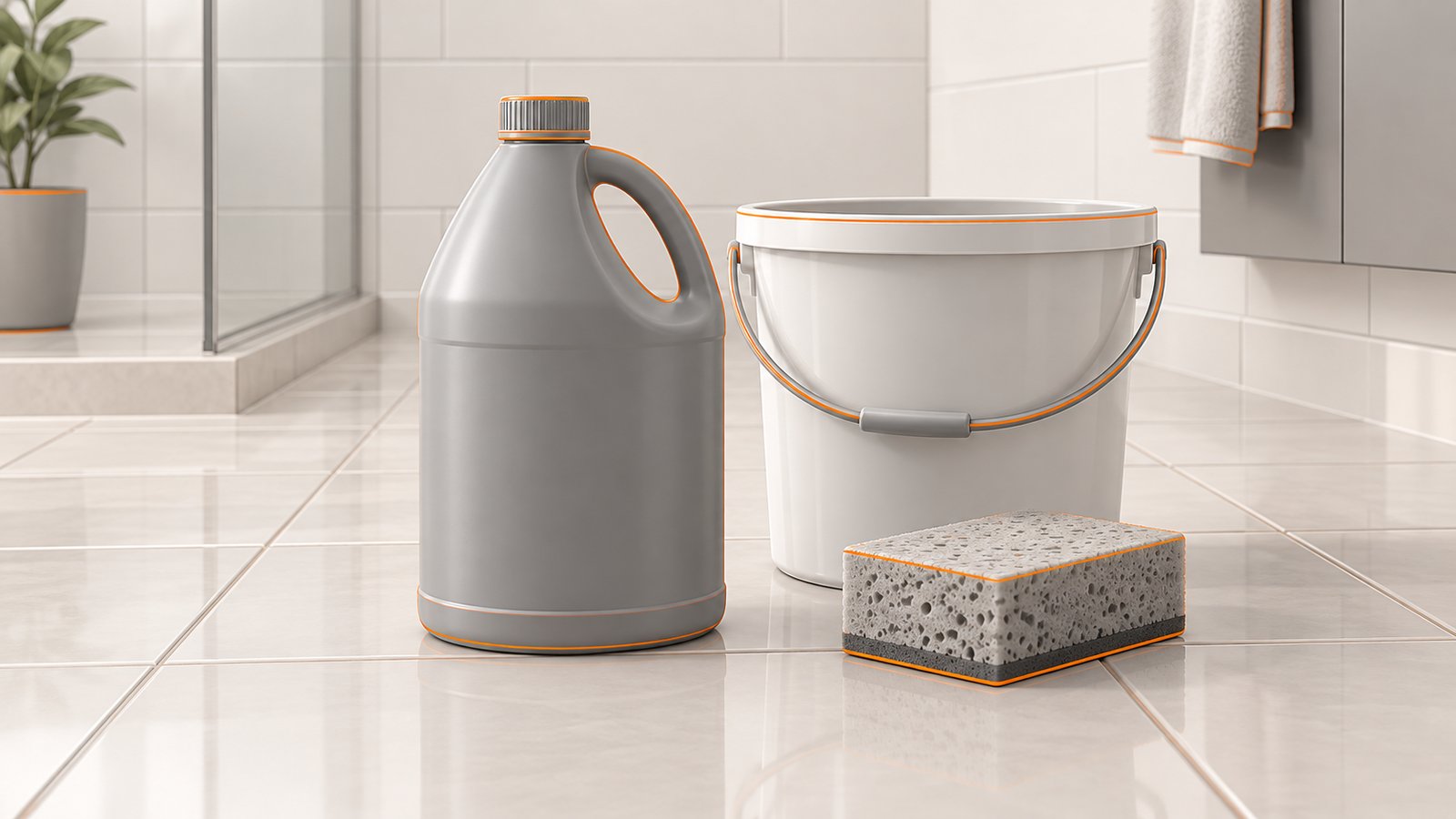 A bottle of amber household cleaner beside a bucket and a sponge on a bathroom floor