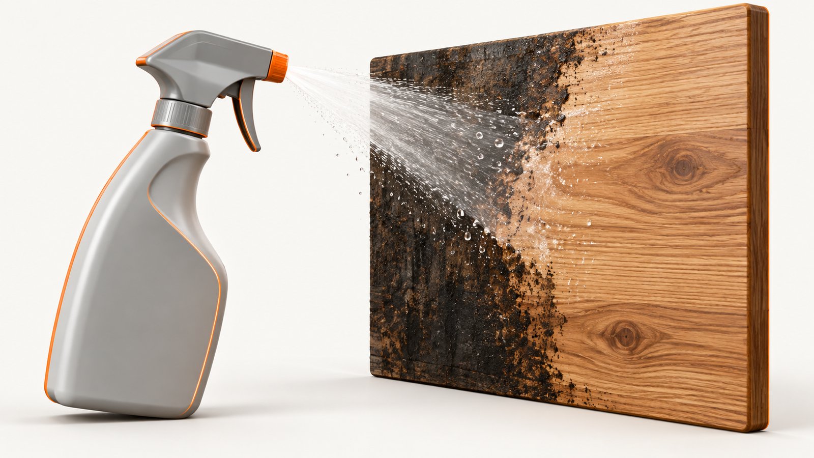RMR-86 spray bottle beside a wood board with the mold stain half lifted and the wood underneath still dark