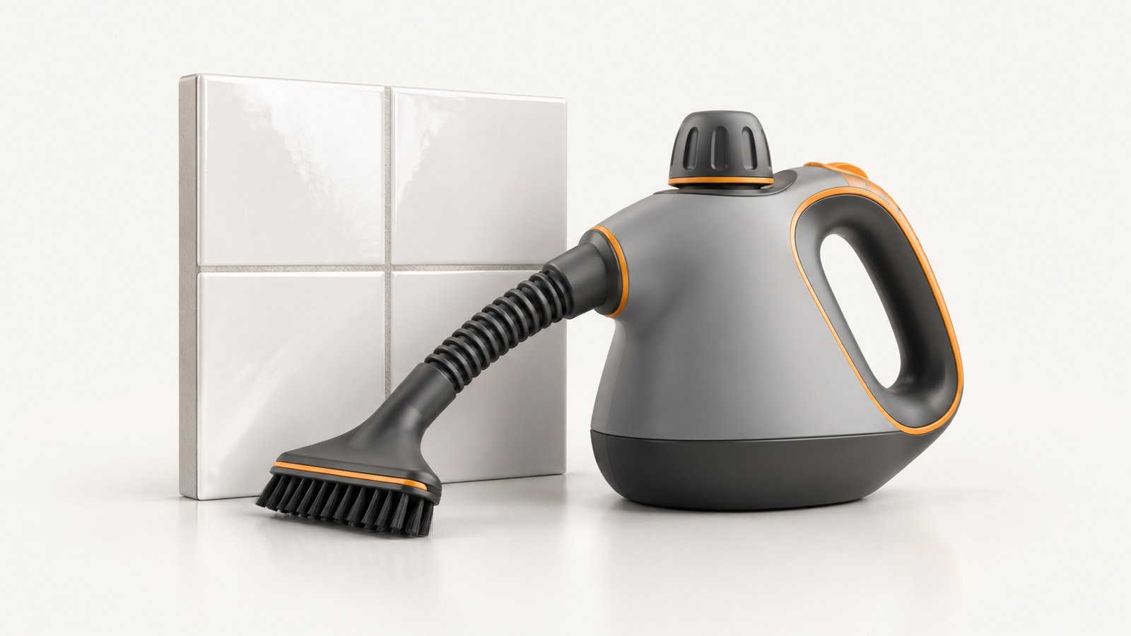 A handheld steam cleaner beside a white bathroom tile wall with a small grout line