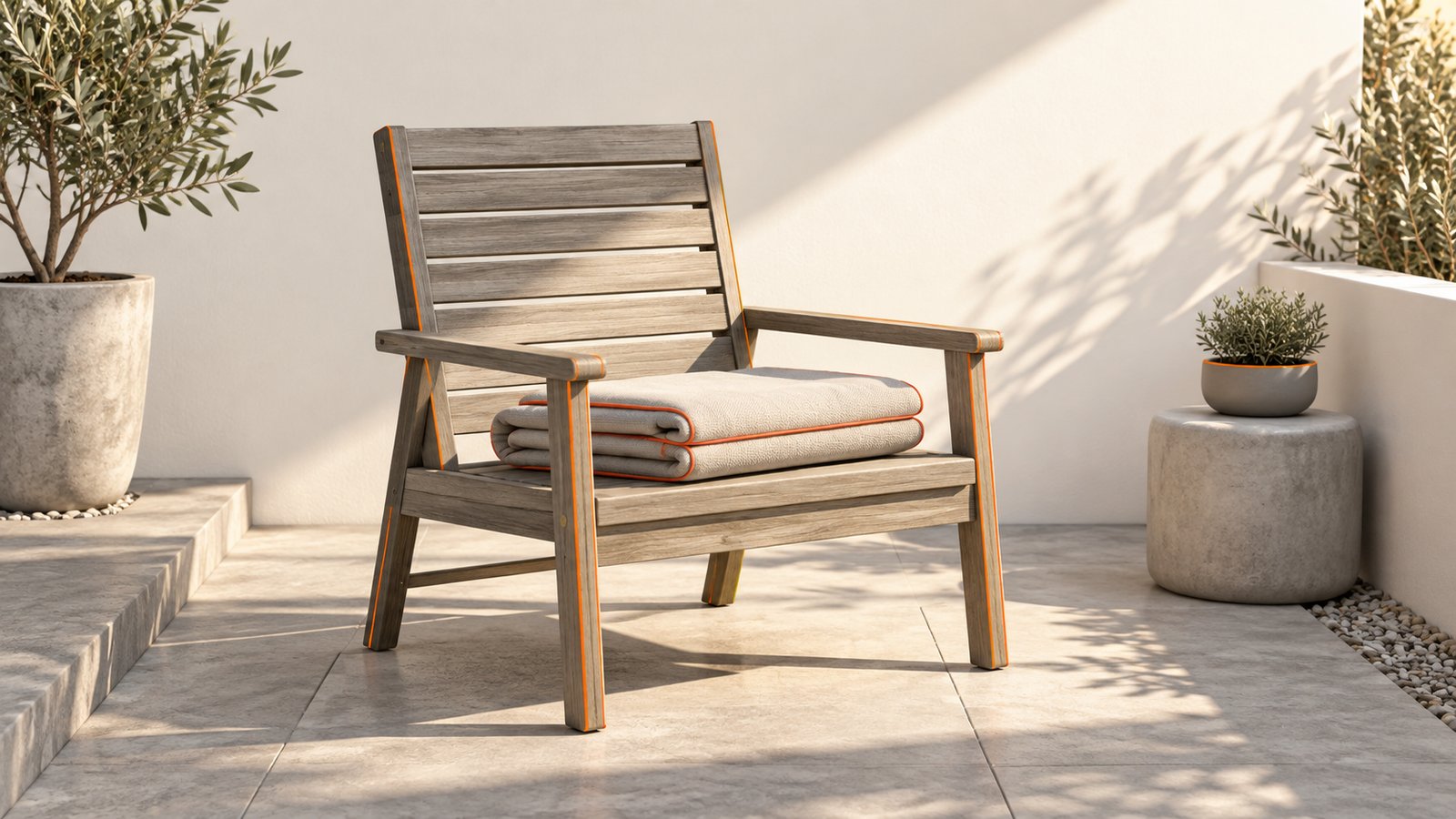 Bright sunlight falling across a wooden outdoor chair and a folded cushion on a patio
