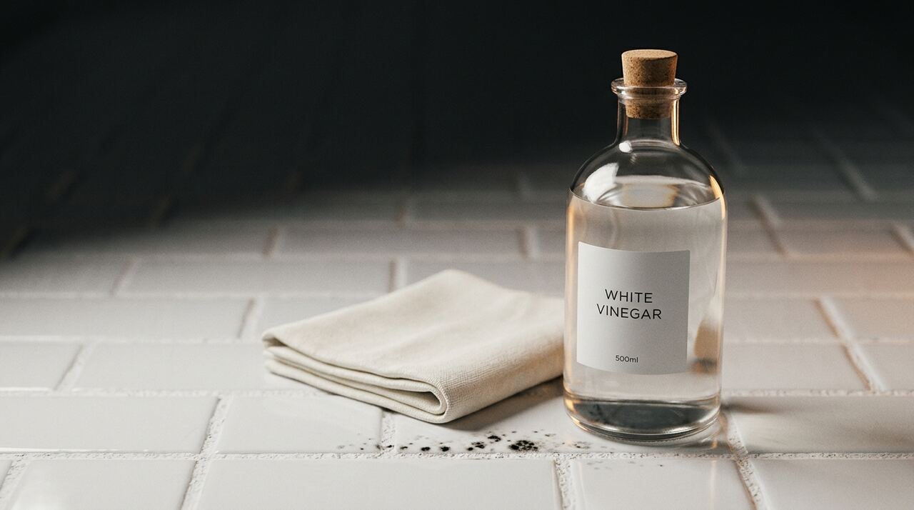 A spray bottle of white vinegar on a bathroom counter near a clean tiled wall