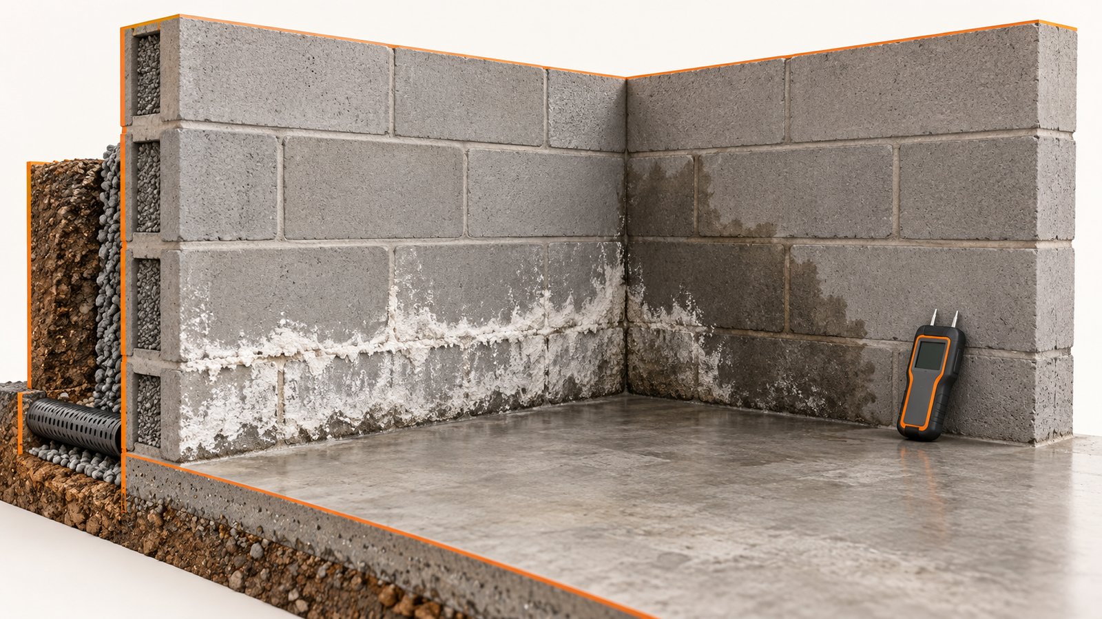 Basement concrete wall with white mineral crust next to a damp patch and a moisture meter