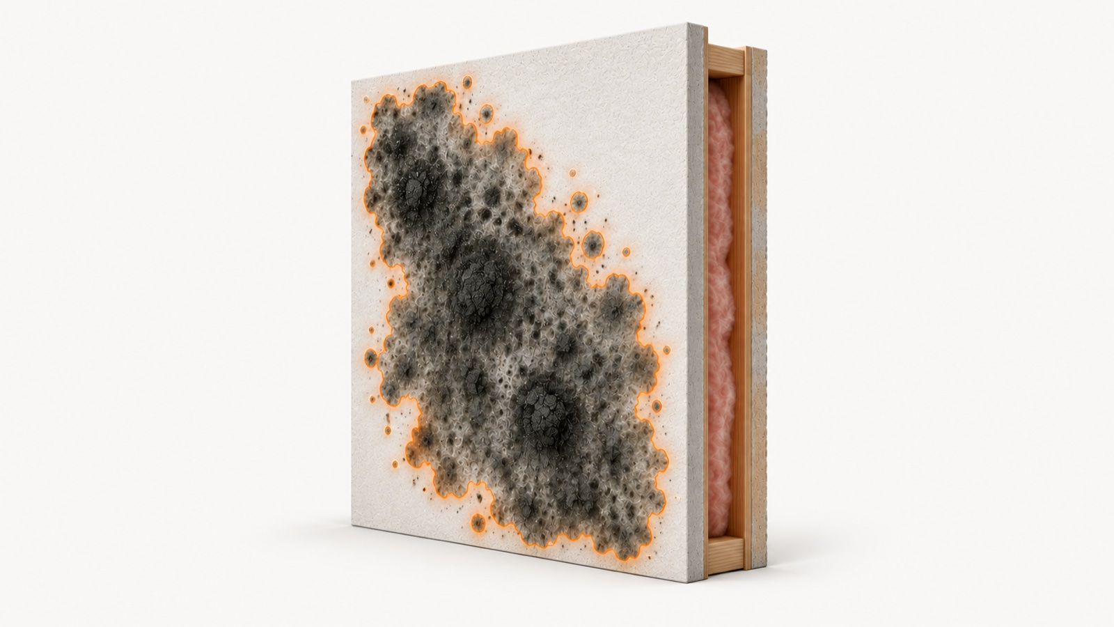 Fuzzy black mold clusters spreading across a wall corner