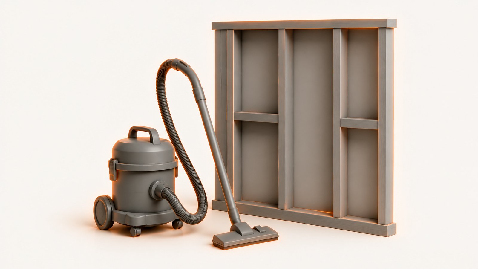 A HEPA vacuum standing beside a stripped wall cavity during the final cleanup stage of a mold job