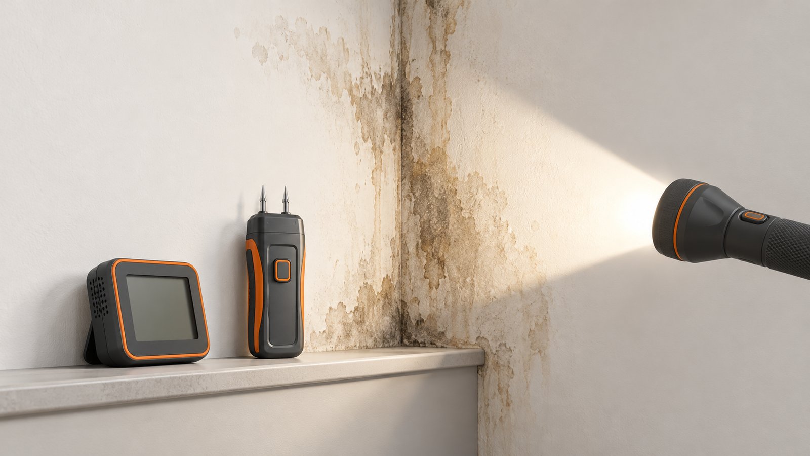 Flashlight, humidity meter and moisture meter laid out beside a stained wall corner for a home mold check