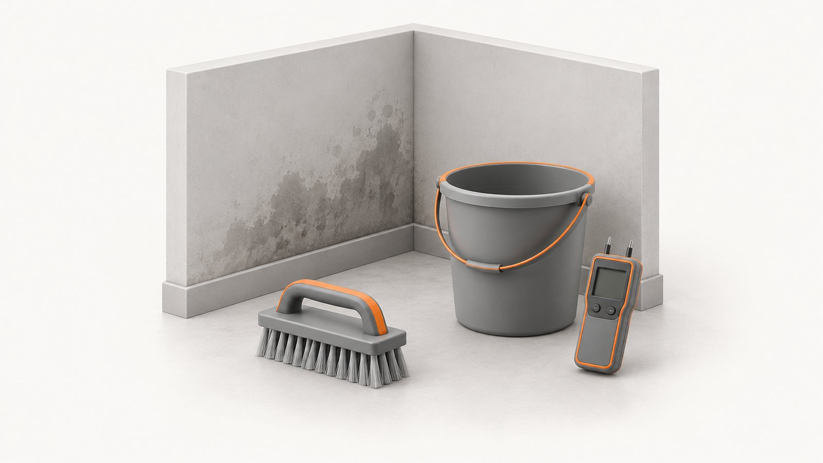 Damp wall corner with a scrub brush, bucket and moisture meter set out for black mold cleanup