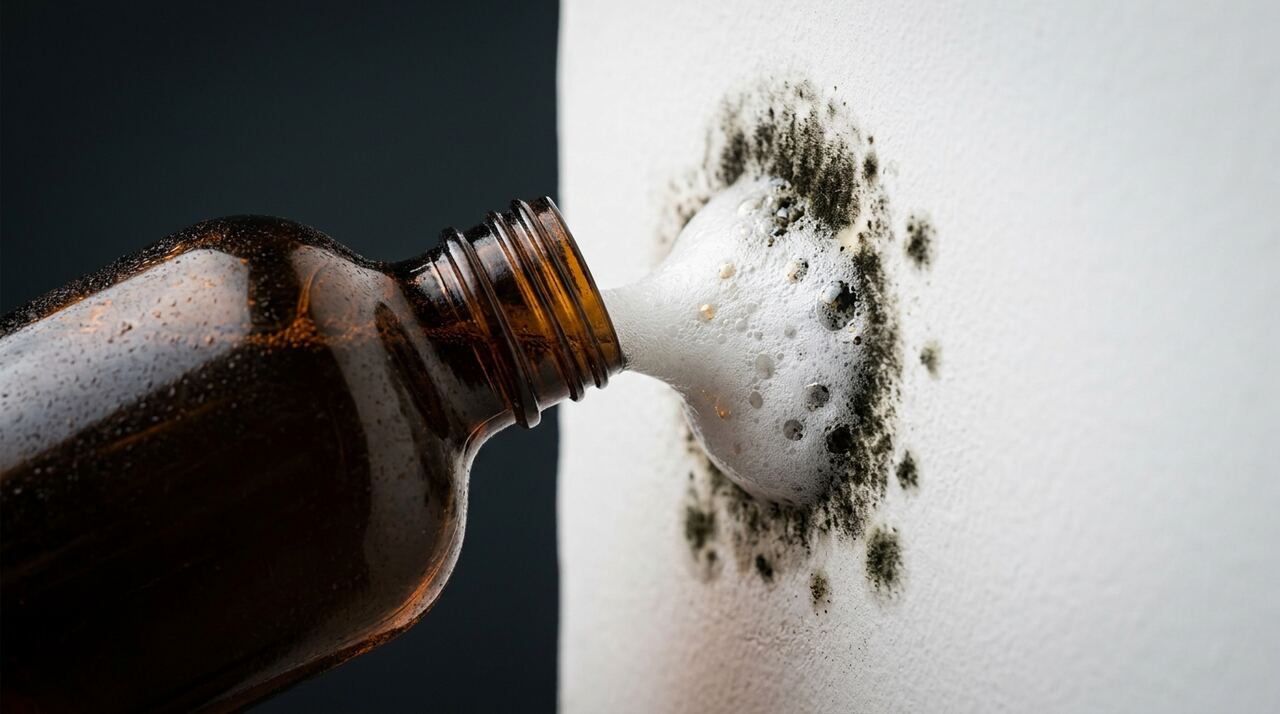 Hydrogen peroxide spray treating mold on a tiled bathroom surface