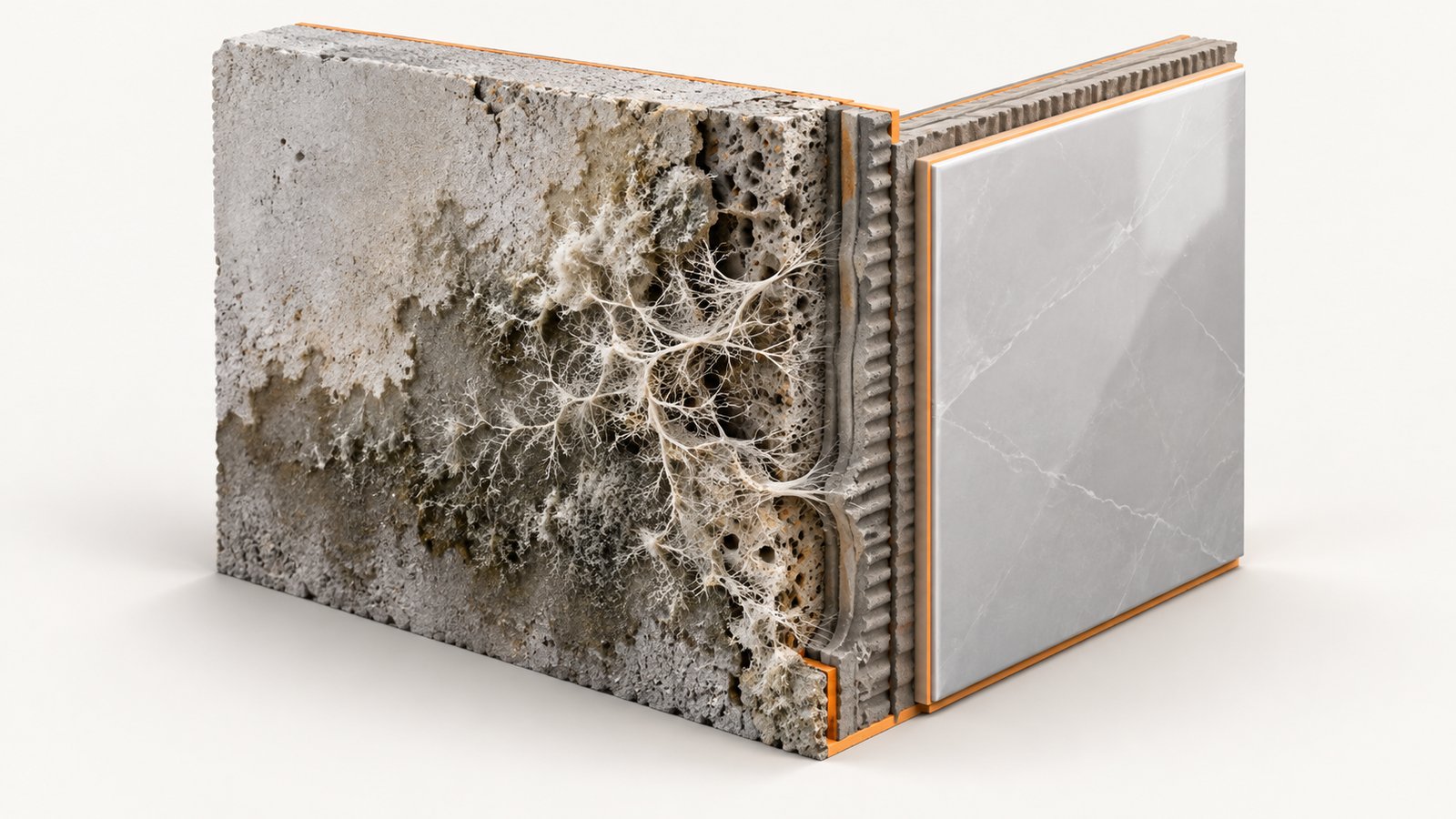Damp wall cutaway with fine thread-like growth spreading across a porous panel beside a hard tile