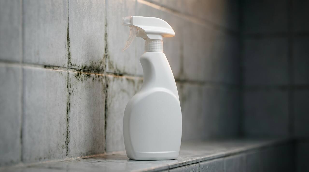 Mold Armor bleach-based spray bottle near stained bathroom tile