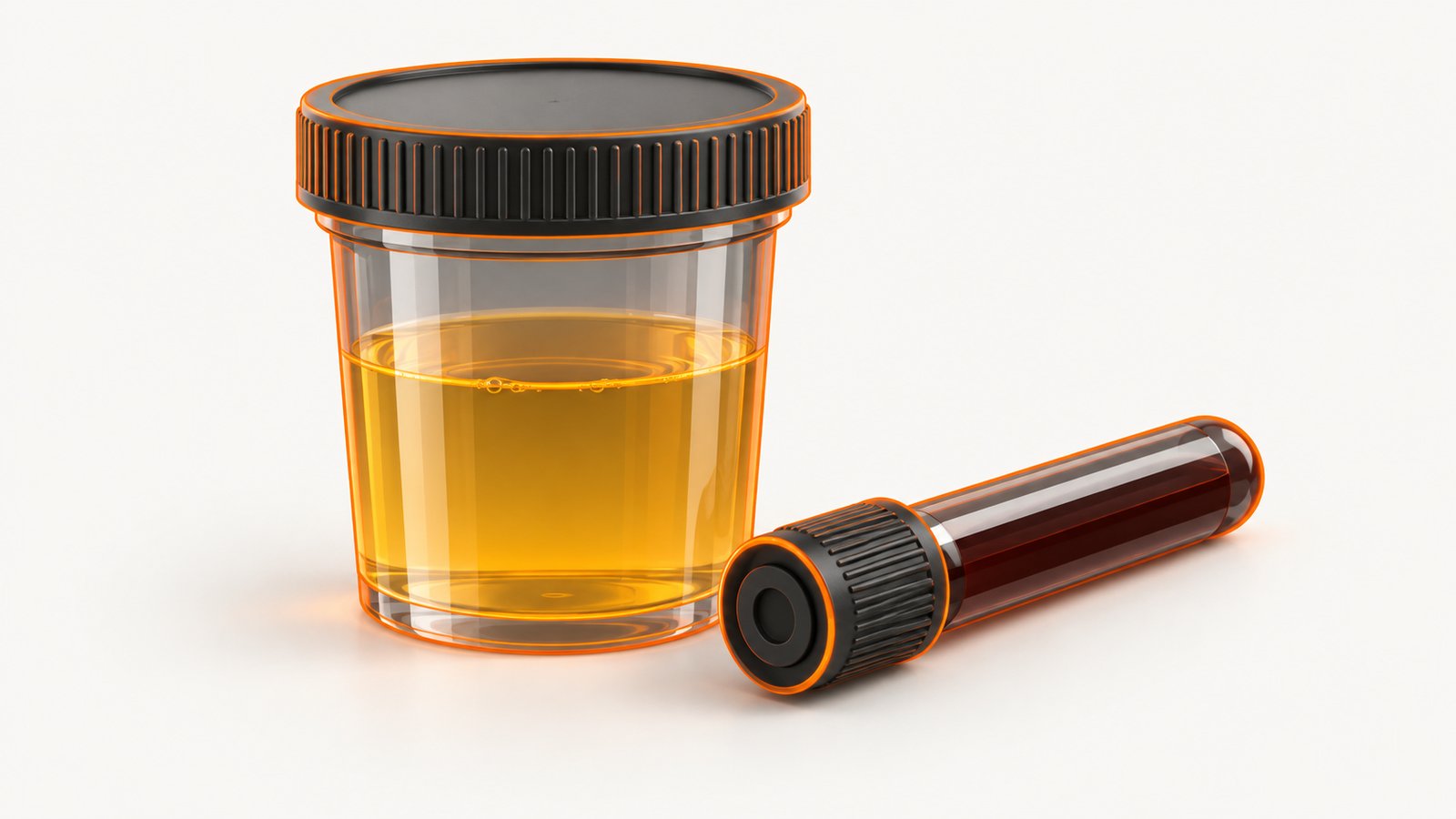 A urine specimen container and a blood collection tube side by side on a laboratory bench