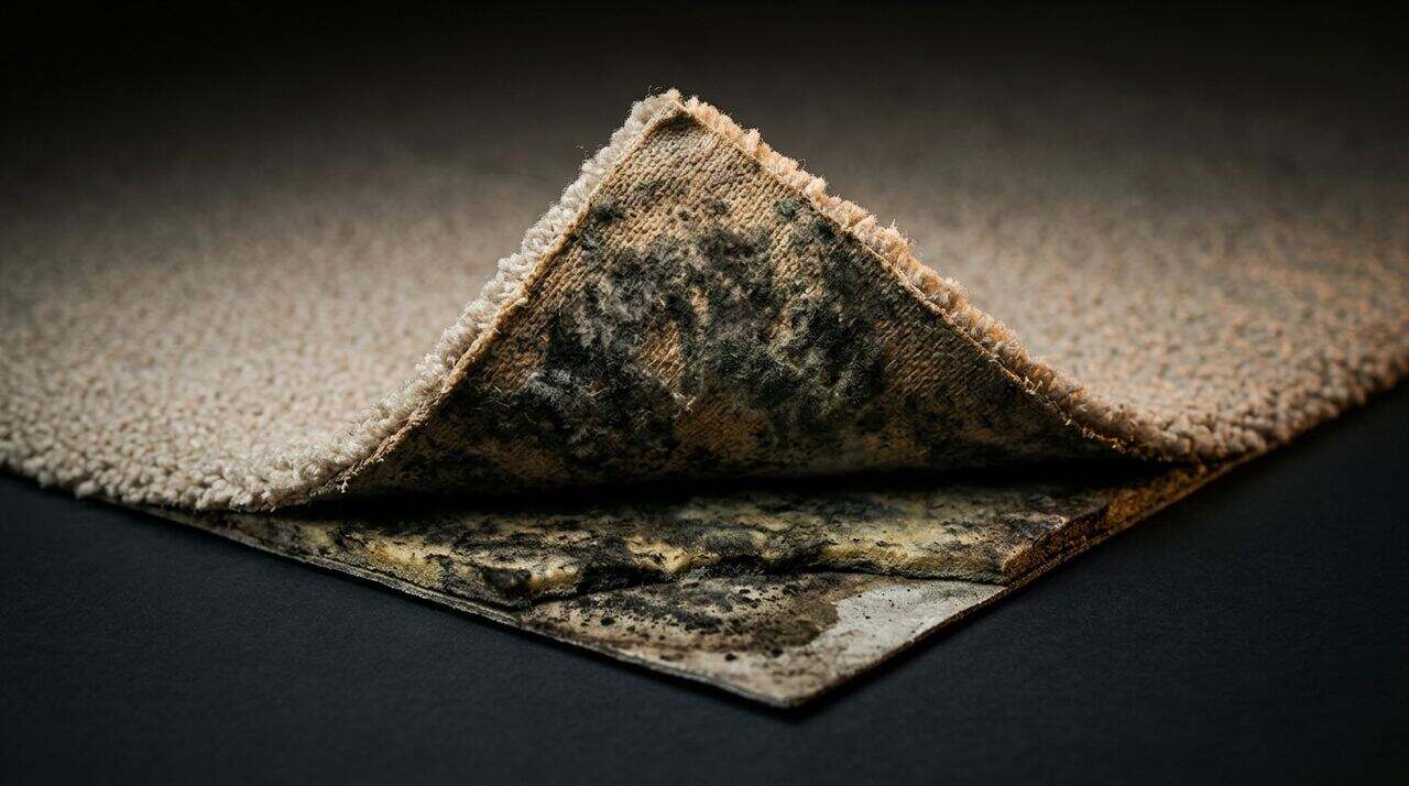 Carpet corner pulled back showing the pad and backing underneath
