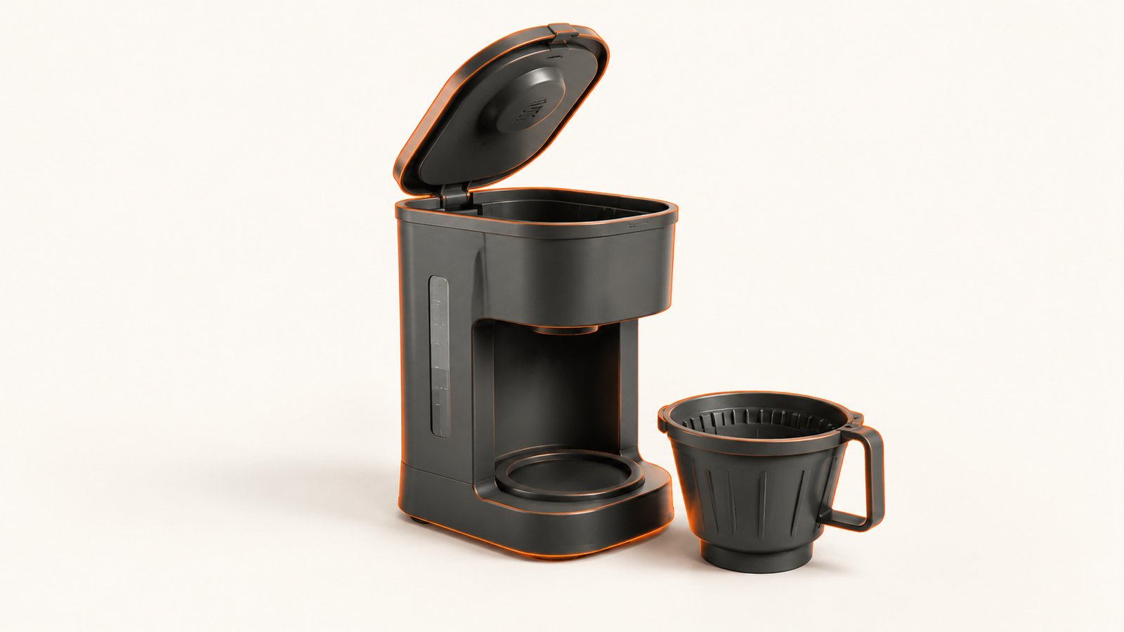 A drip coffee maker with the reservoir lid open and the brew basket removed on a kitchen counter