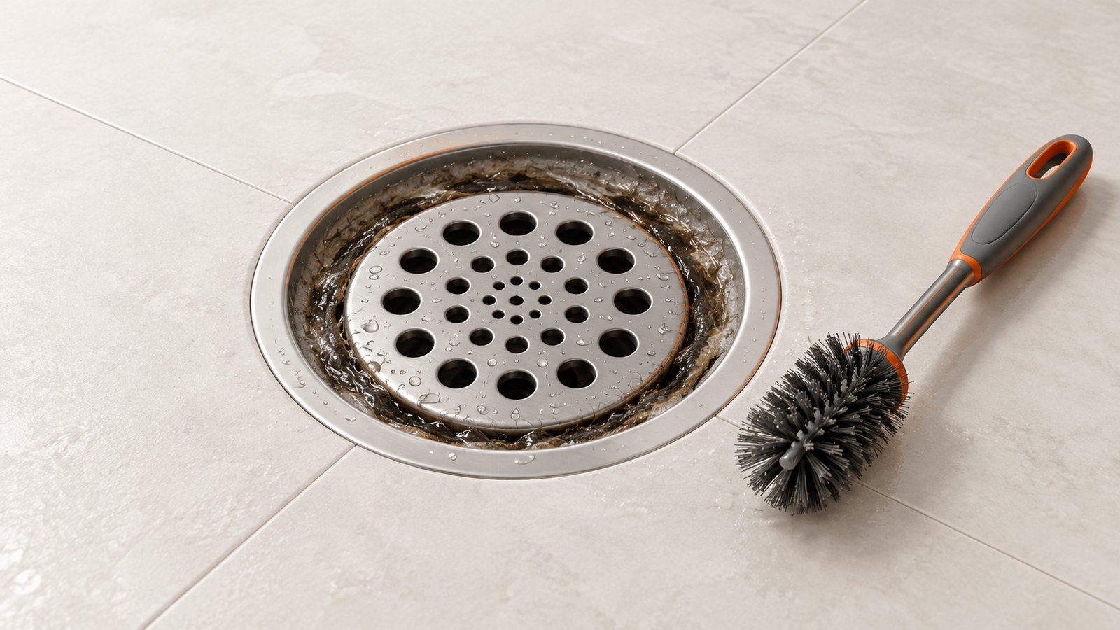 A shower drain with a ring of dark slime and a drain brush beside it