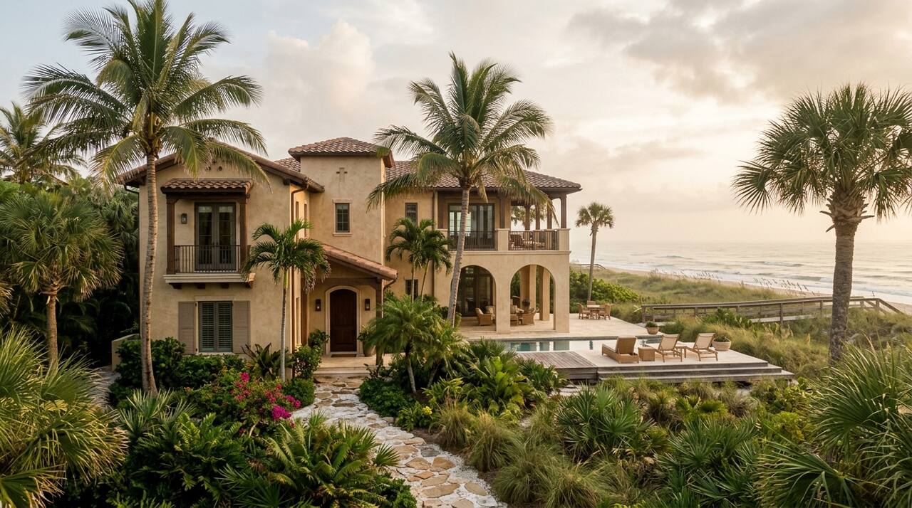 Florida coastal home in warm afternoon light with subtropical humidity haze
