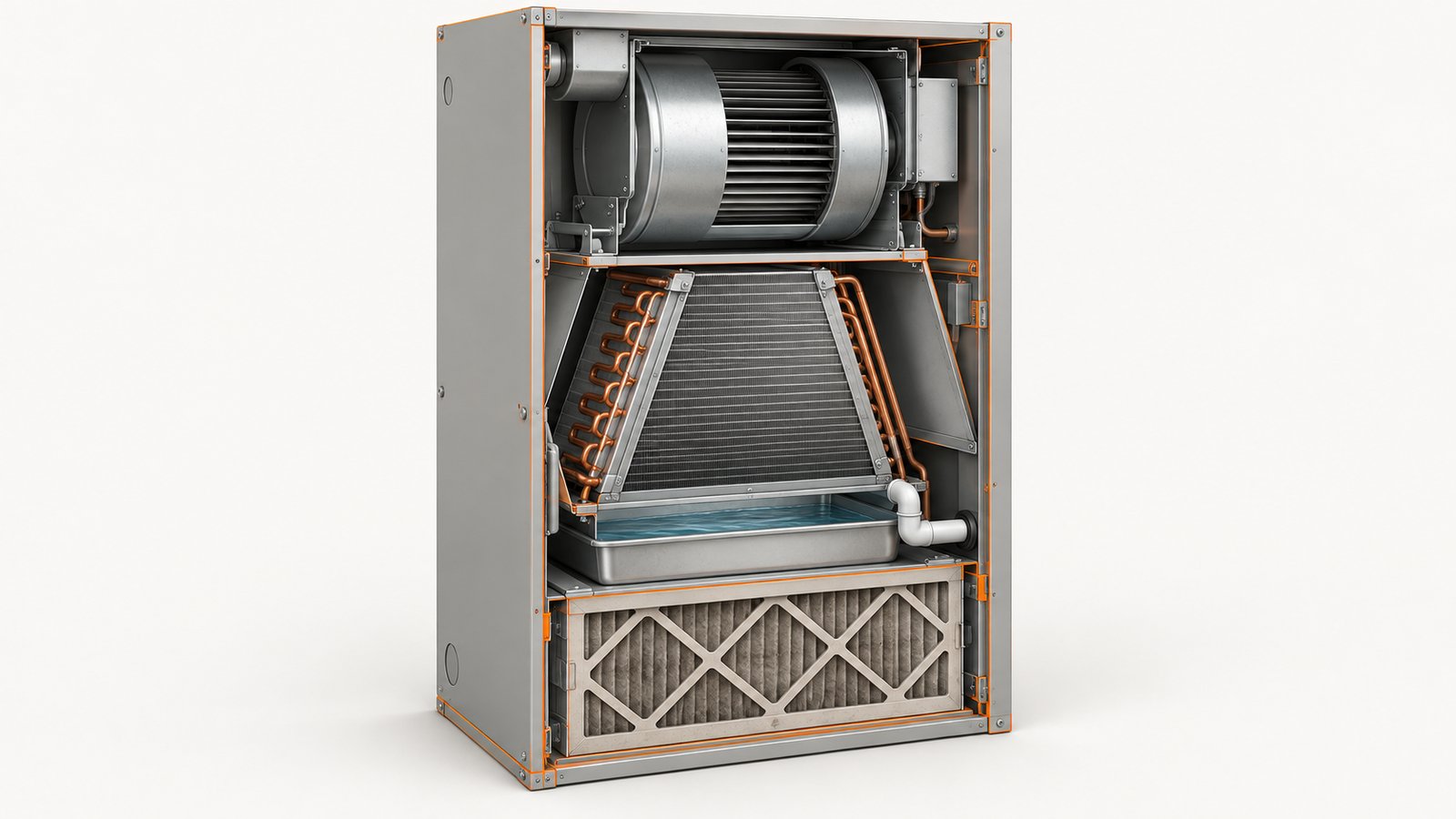 Furnace and air handler cabinet cutaway showing a wet drain pan and a dusty filter