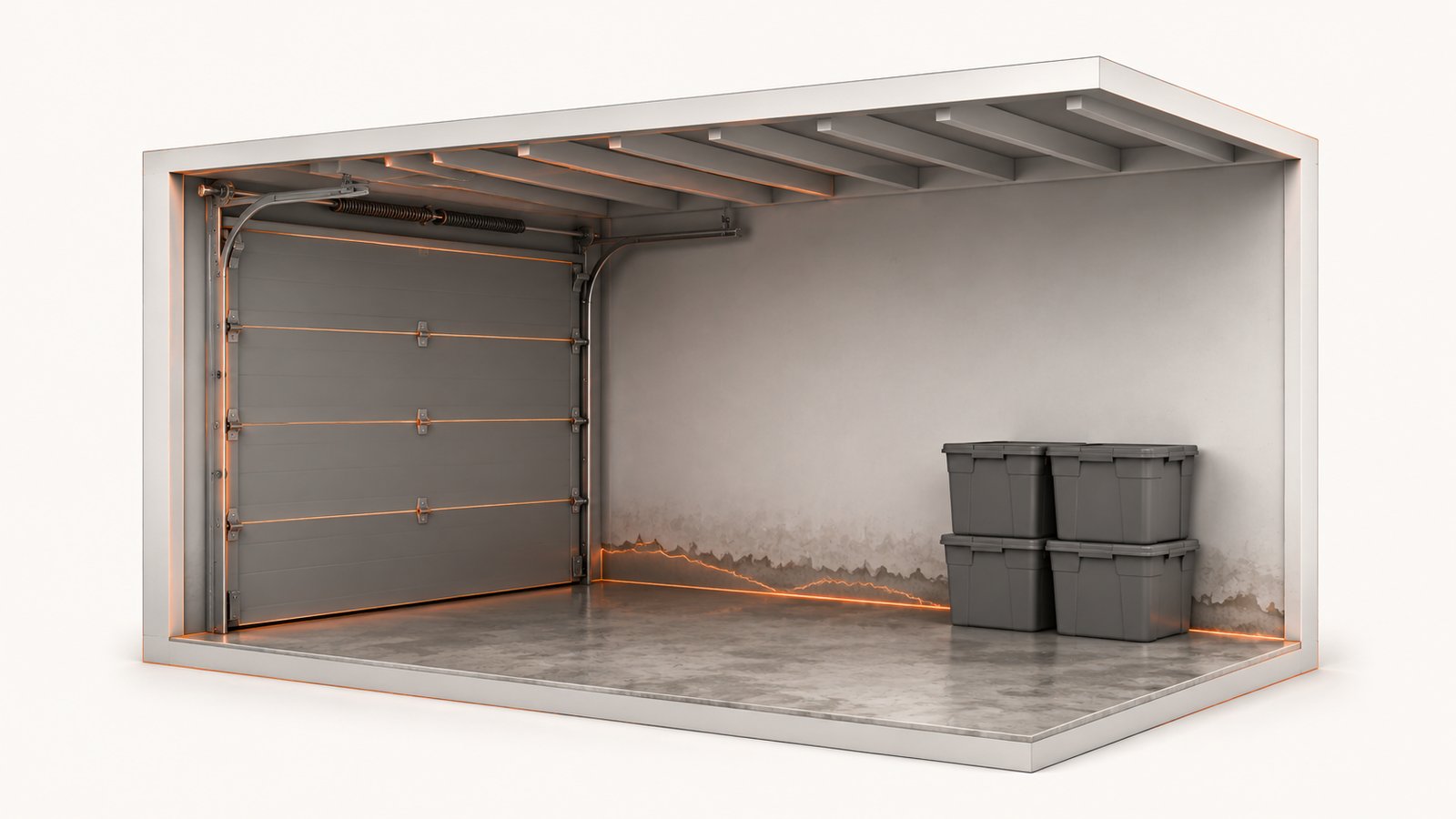 A garage interior with a closed sectional door, a bare wall, and storage boxes sitting directly on the slab