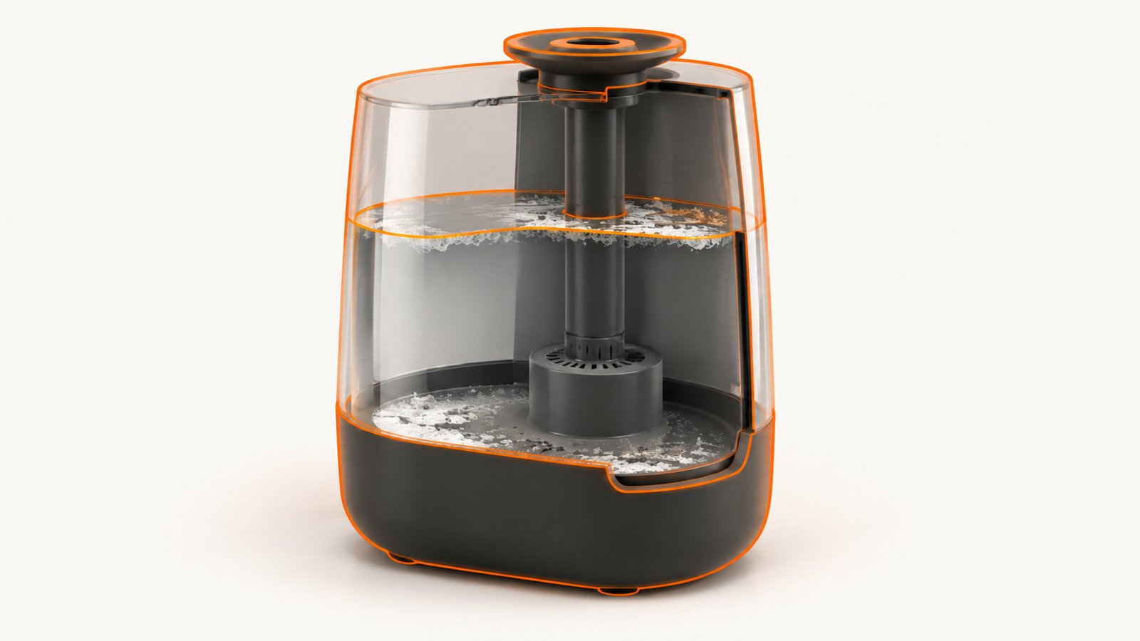 A humidifier tank with a film of growth along the waterline inside the reservoir
