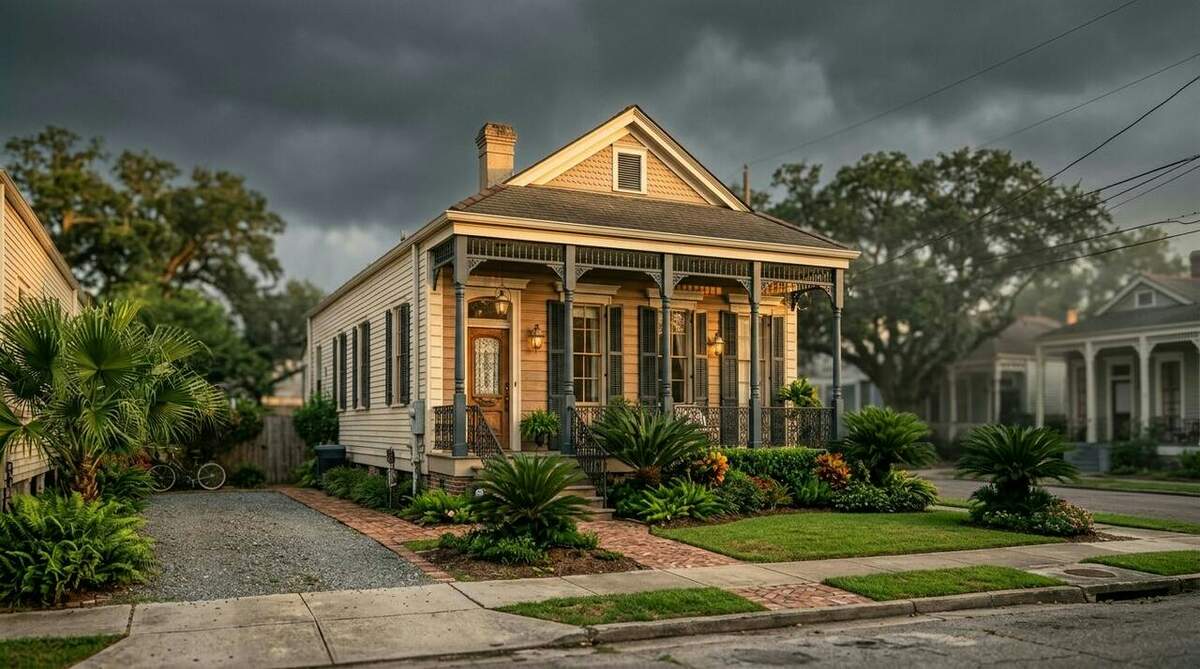 Classic Louisiana shotgun home in warm afternoon light with gulf-coast humidity haze