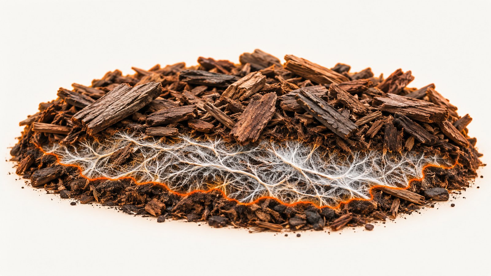 A white threaded fungal mat spreading through a layer of bark mulch in a garden bed