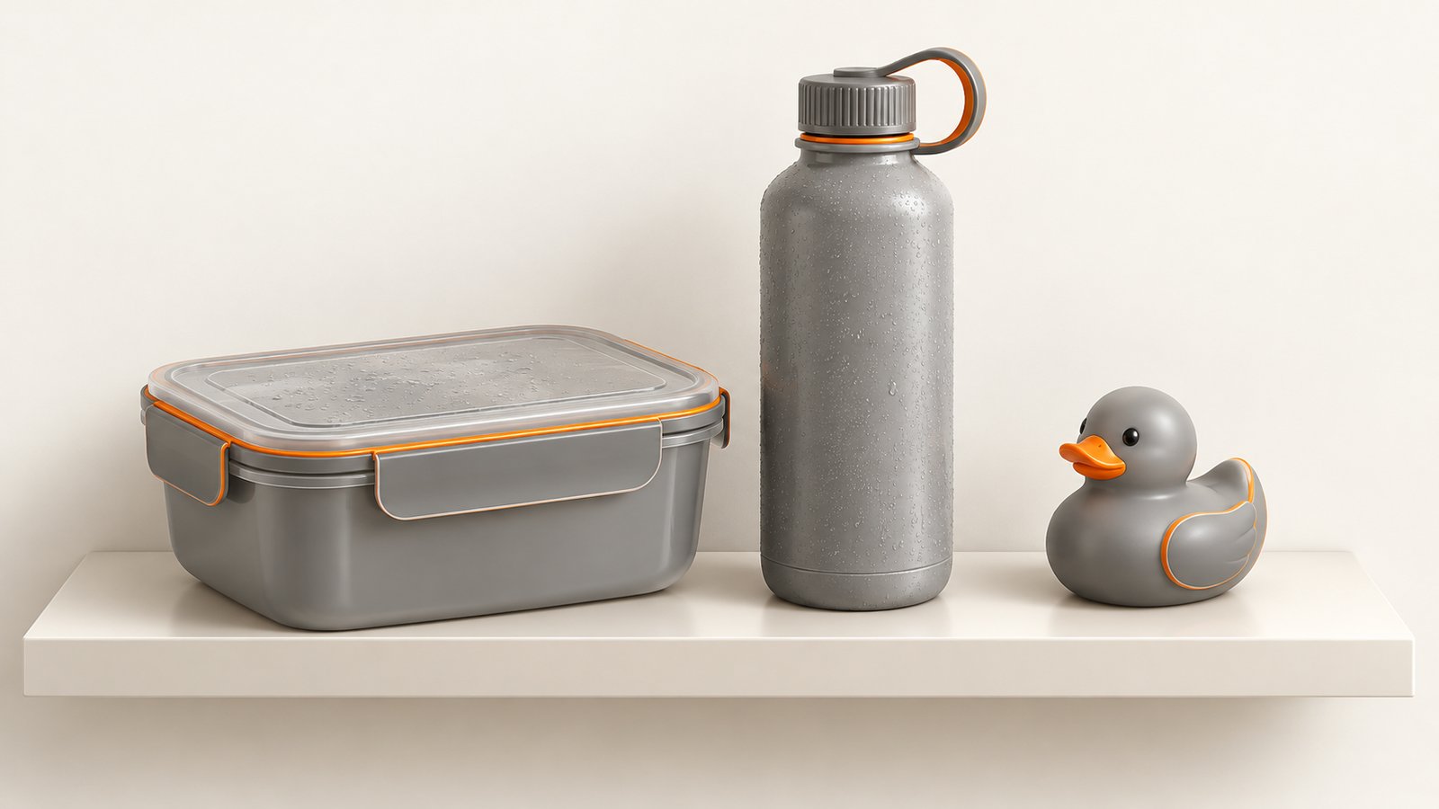 A plastic food container, water bottle and bath toy on a bathroom shelf, with a damp film on one lid