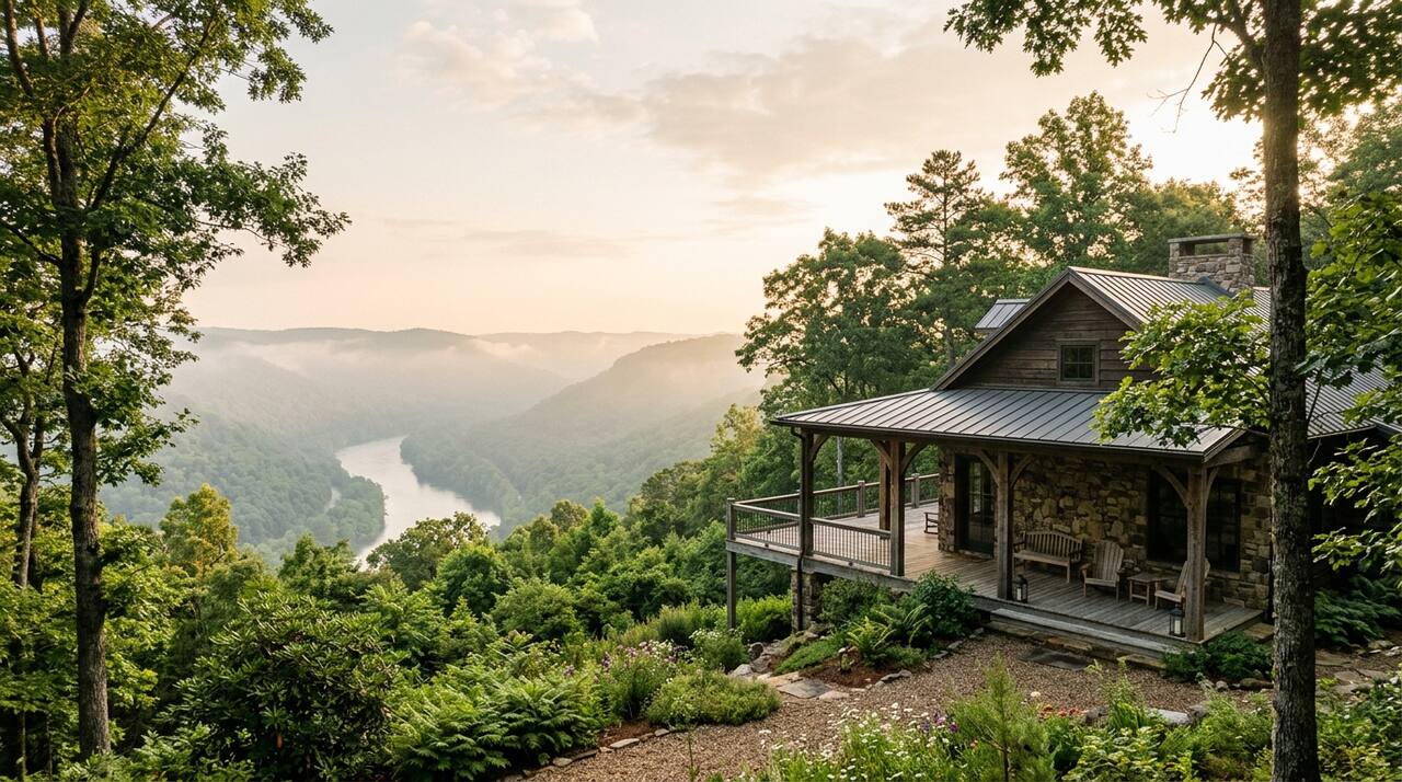 Tennessee valley home in soft morning light with river-valley humidity haze