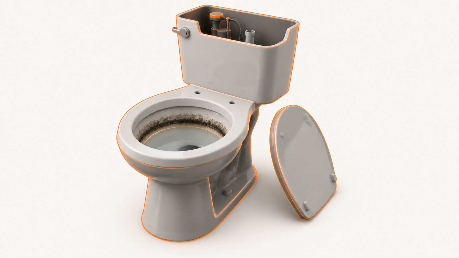 A toilet bowl with a dark ring at the water line and the tank lid set to one side