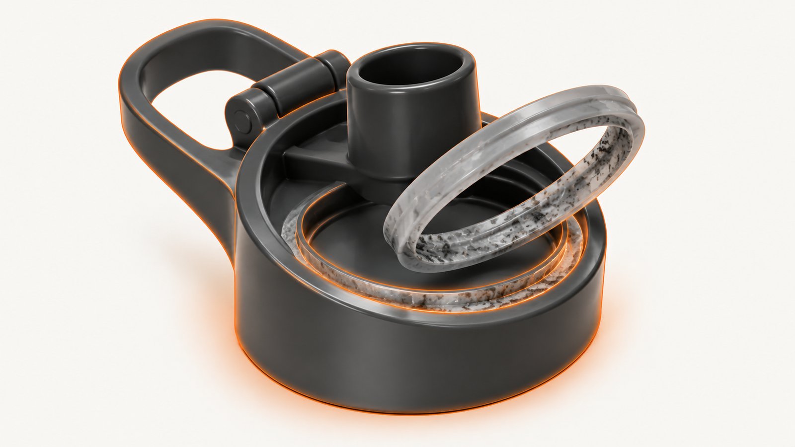 A reusable drink bottle with dark growth in the lid gasket groove and inside the straw