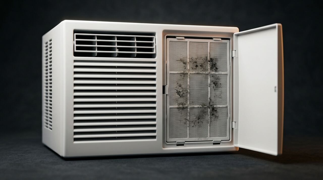 Window air conditioner mounted in a home window with its front grille and louvers visible