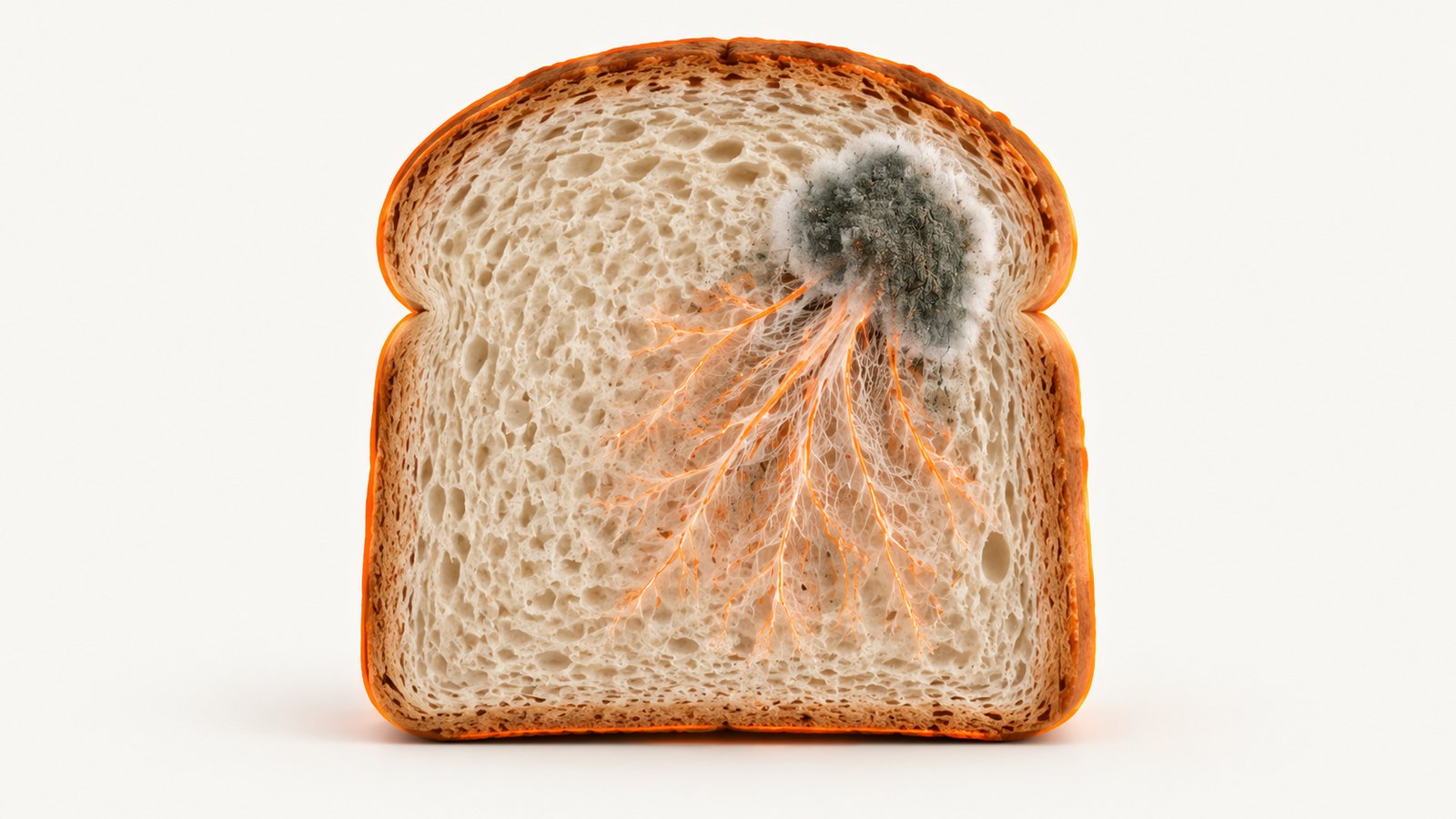 A slice of bread with a surface patch and fine filaments reaching down into the crumb