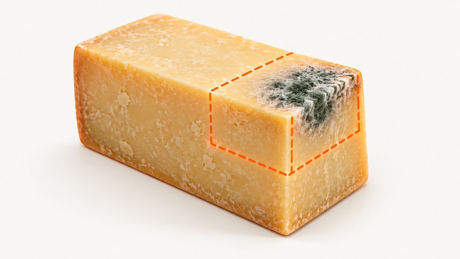 A block of hard cheese with a mold spot on one corner and a knife measuring a one inch trim margin