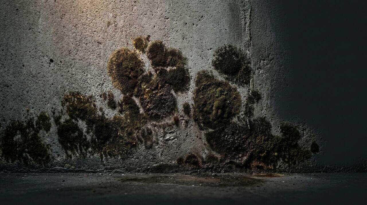 Dark mold patches on a concrete basement floor along the foundation wall
