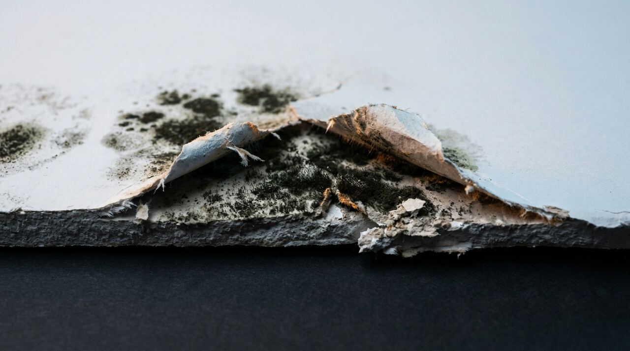 Mold growing on a painted drywall wall near the baseboard