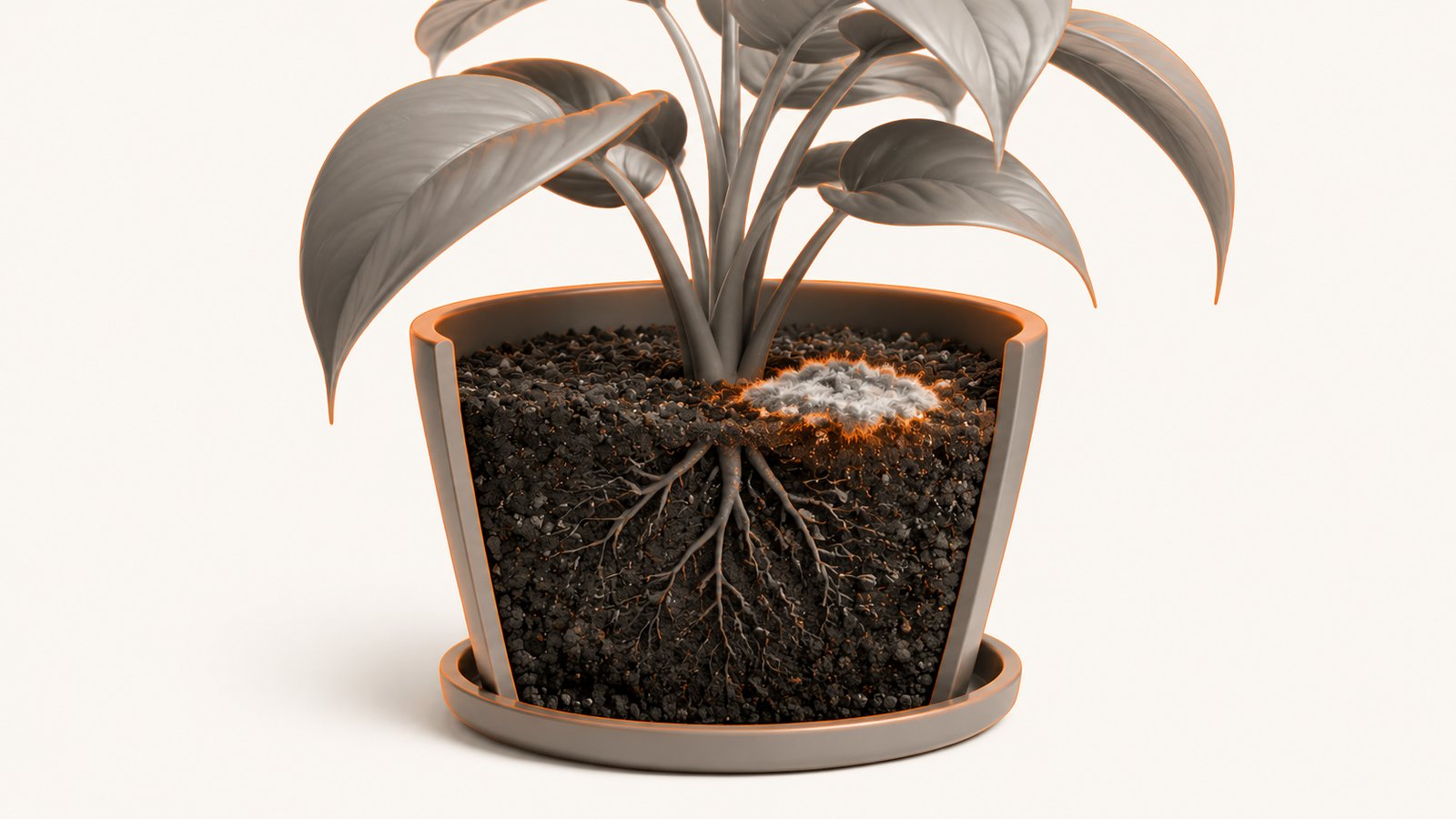 A potted houseplant shown in cross-section with a small fuzzy patch resting on the soil surface near the stem