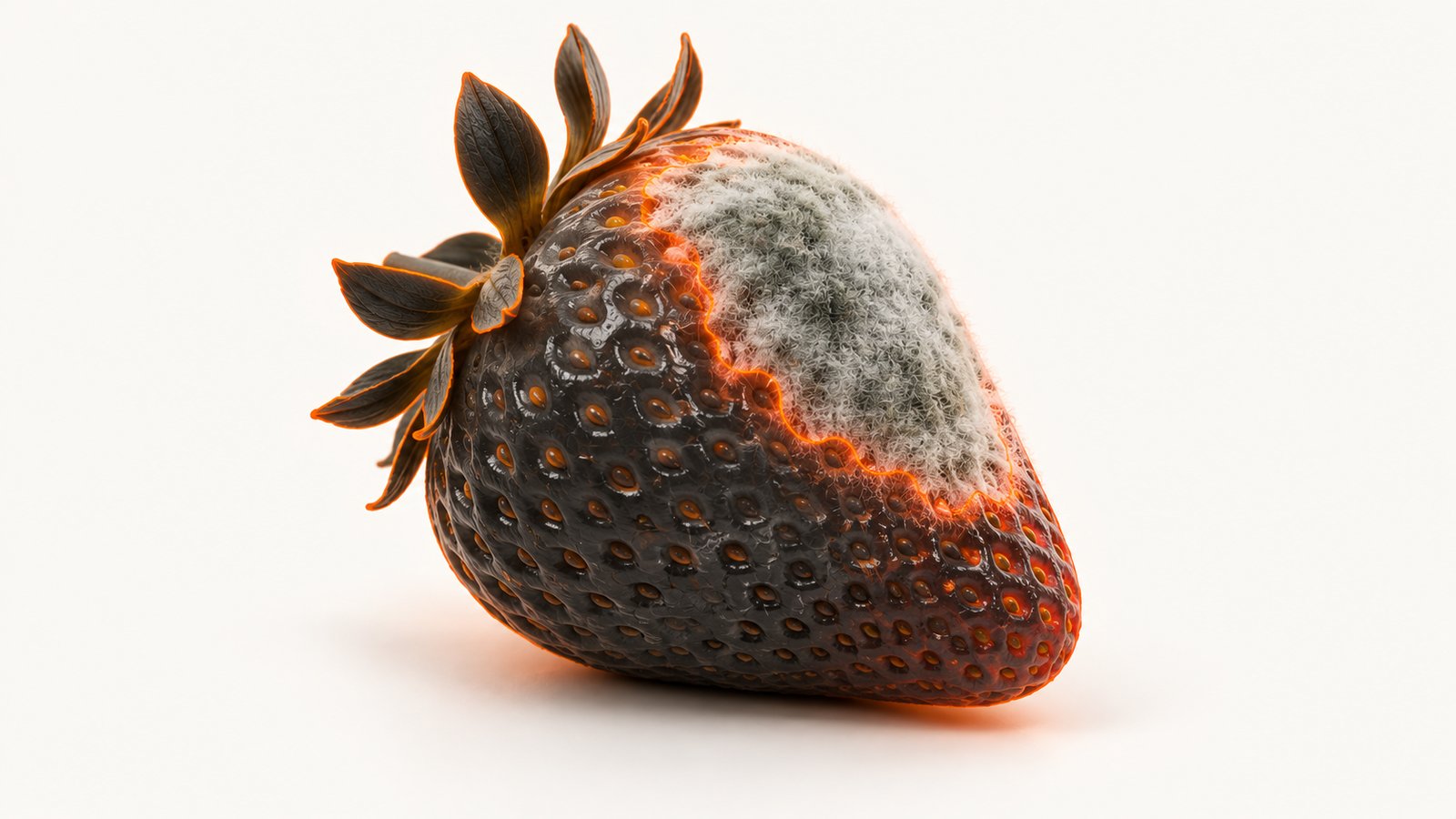 A strawberry with a patch of gray-white fuzz spreading from one side of the fruit