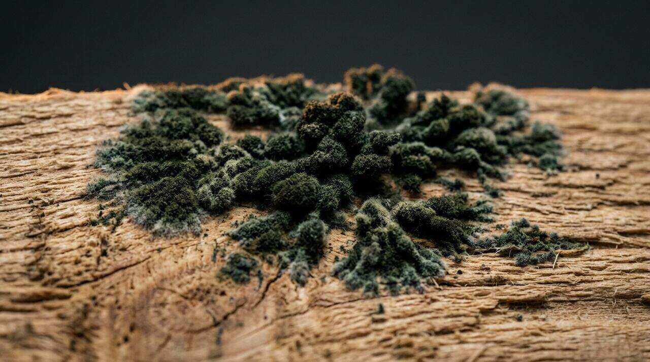 Dark mold spots spreading across bare wood boards