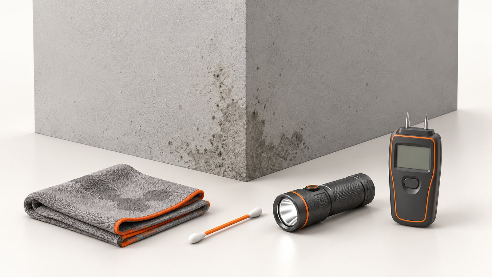 Dark spots on a wall corner beside a cloth, a swab, a flashlight and a moisture meter