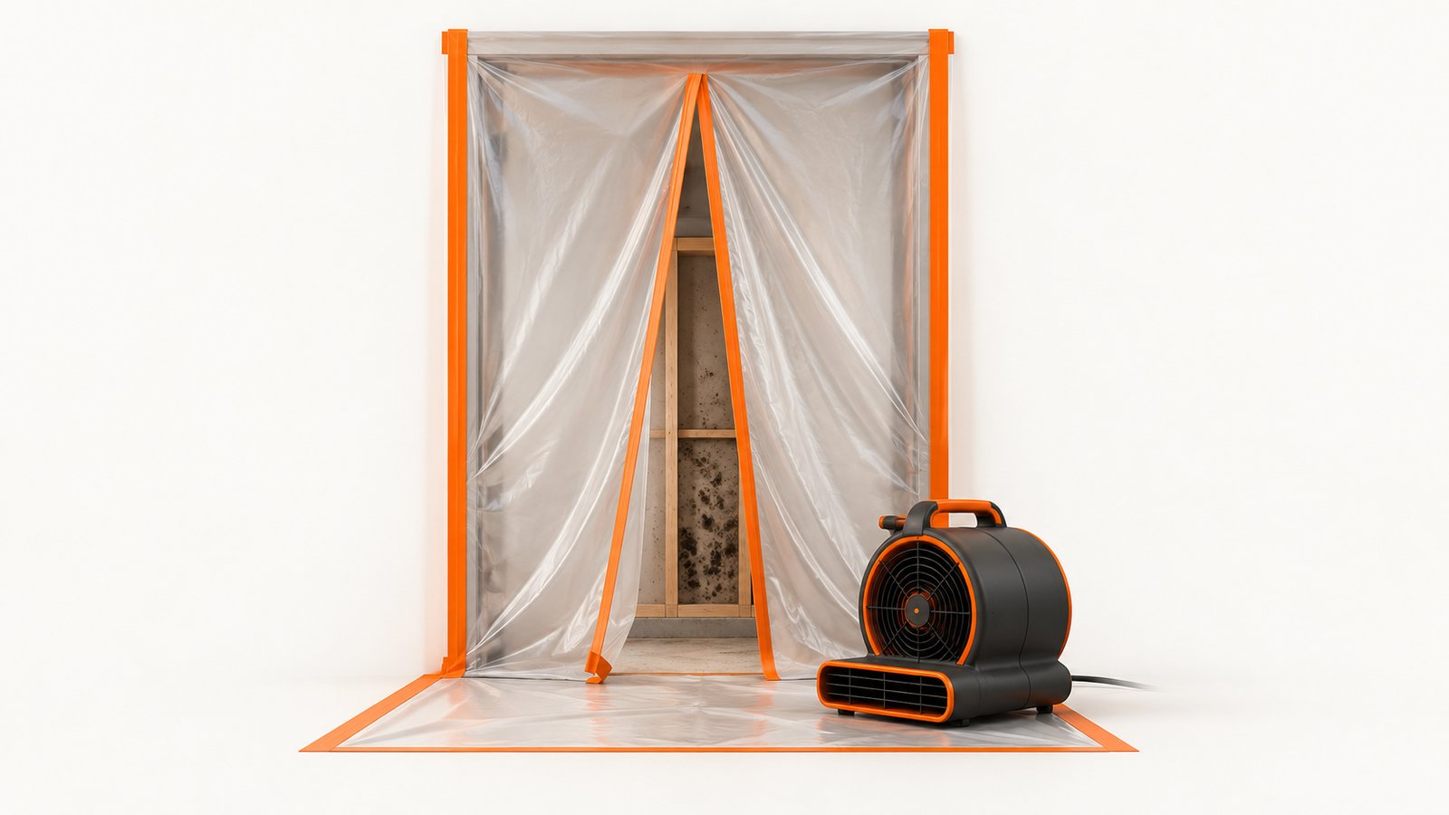 A sealed containment area with polyethylene sheeting and an air mover running beside an opened wall