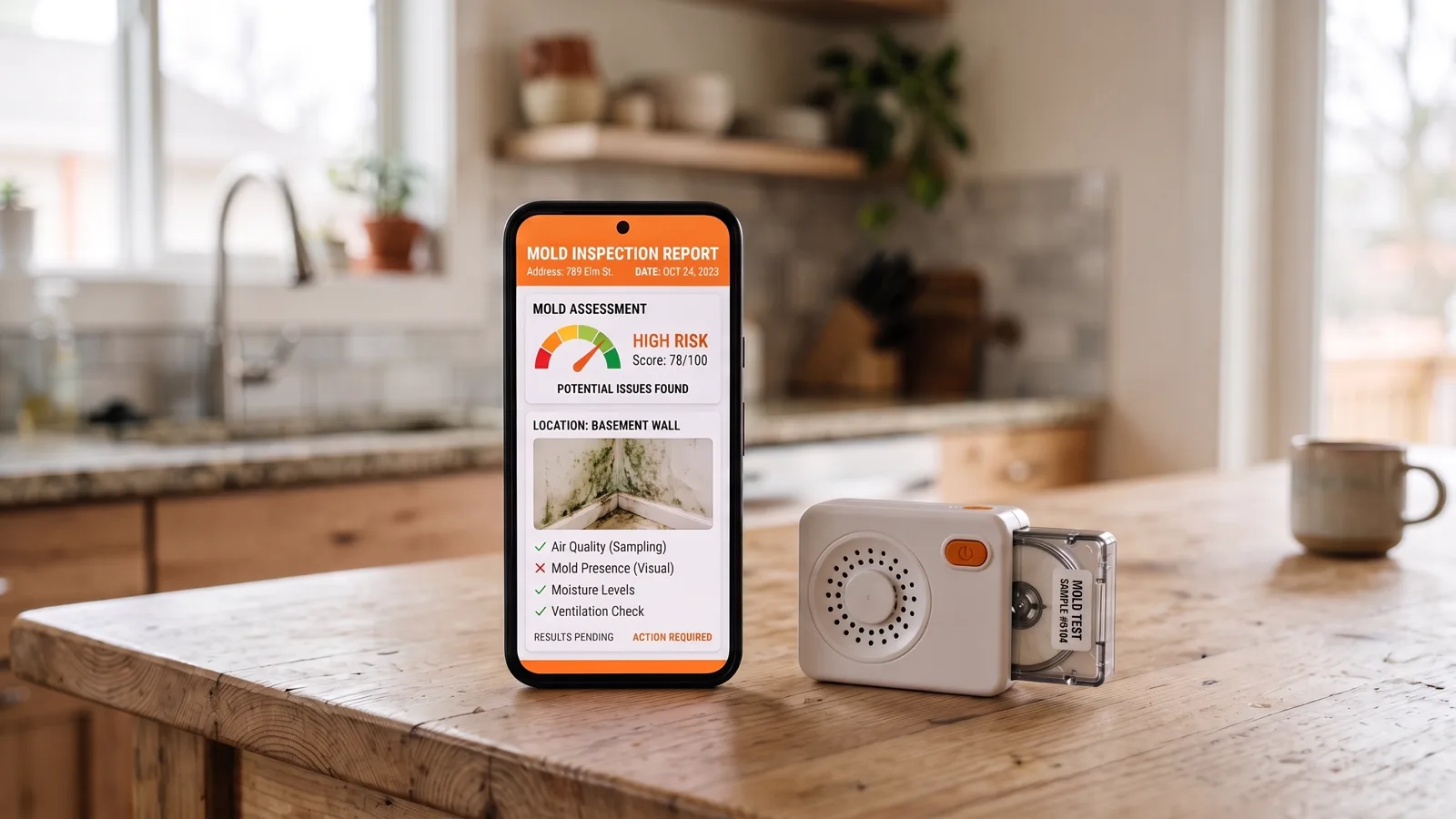 Mold Scanner app report on a phone next to a DIY air-sampling mold test kit