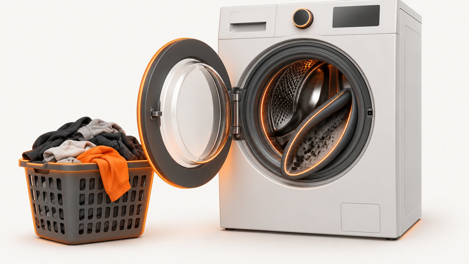 A laundry basket of damp clothes beside an open washing machine door with the rubber gasket folded back