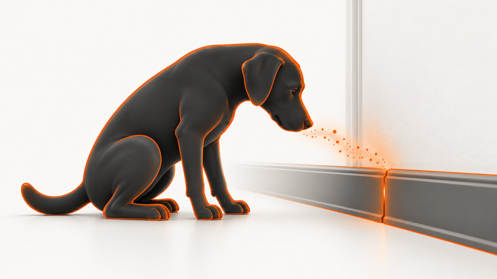 A stylized seated dog silhouette facing a baseboard with a scent trail arcing from a gap toward its nose