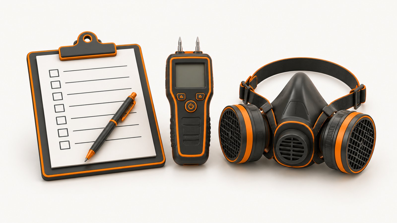A clipboard, a moisture meter and a respirator laid out on a work surface