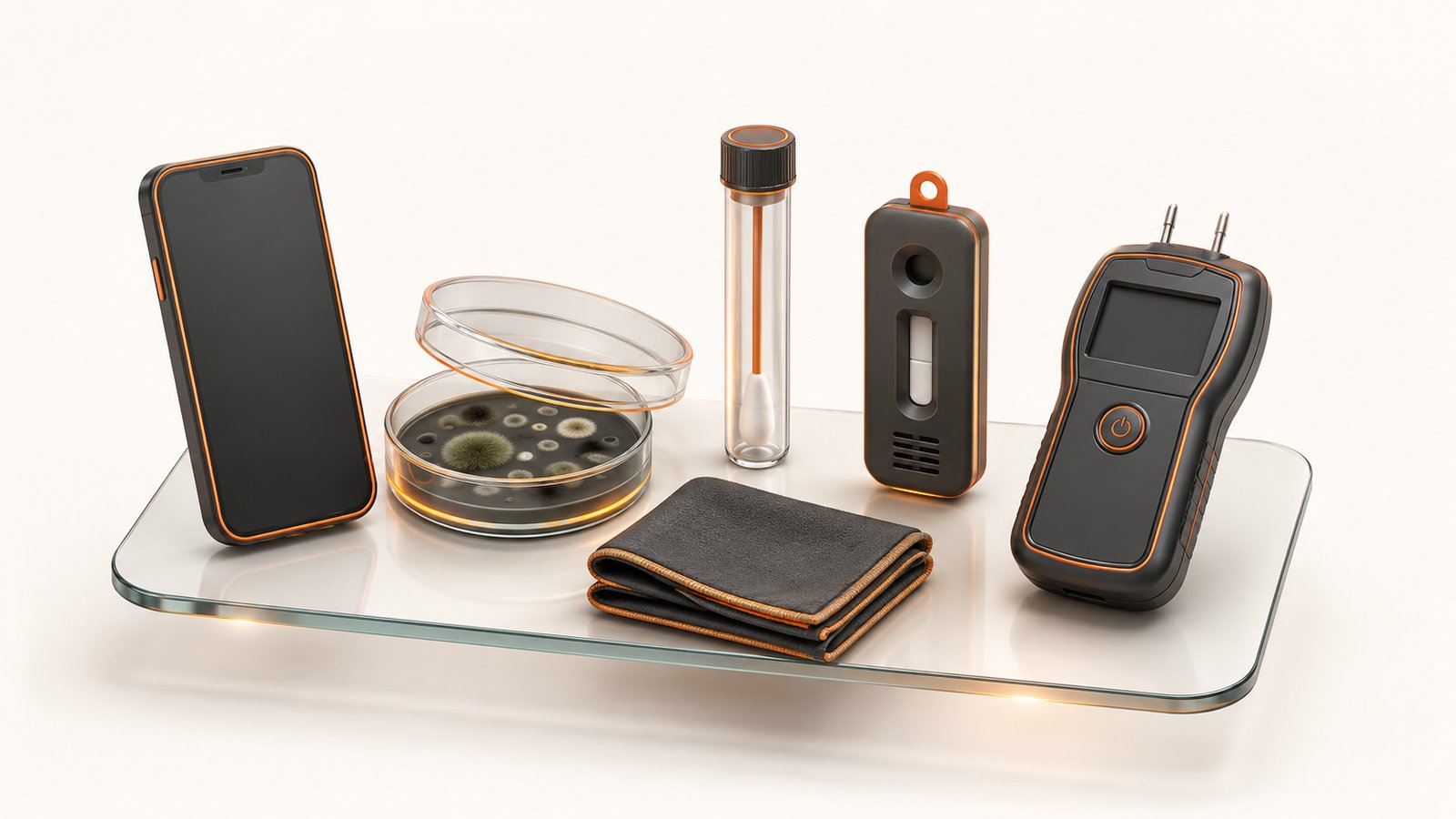 Six home mold testing methods arranged as a comparison
