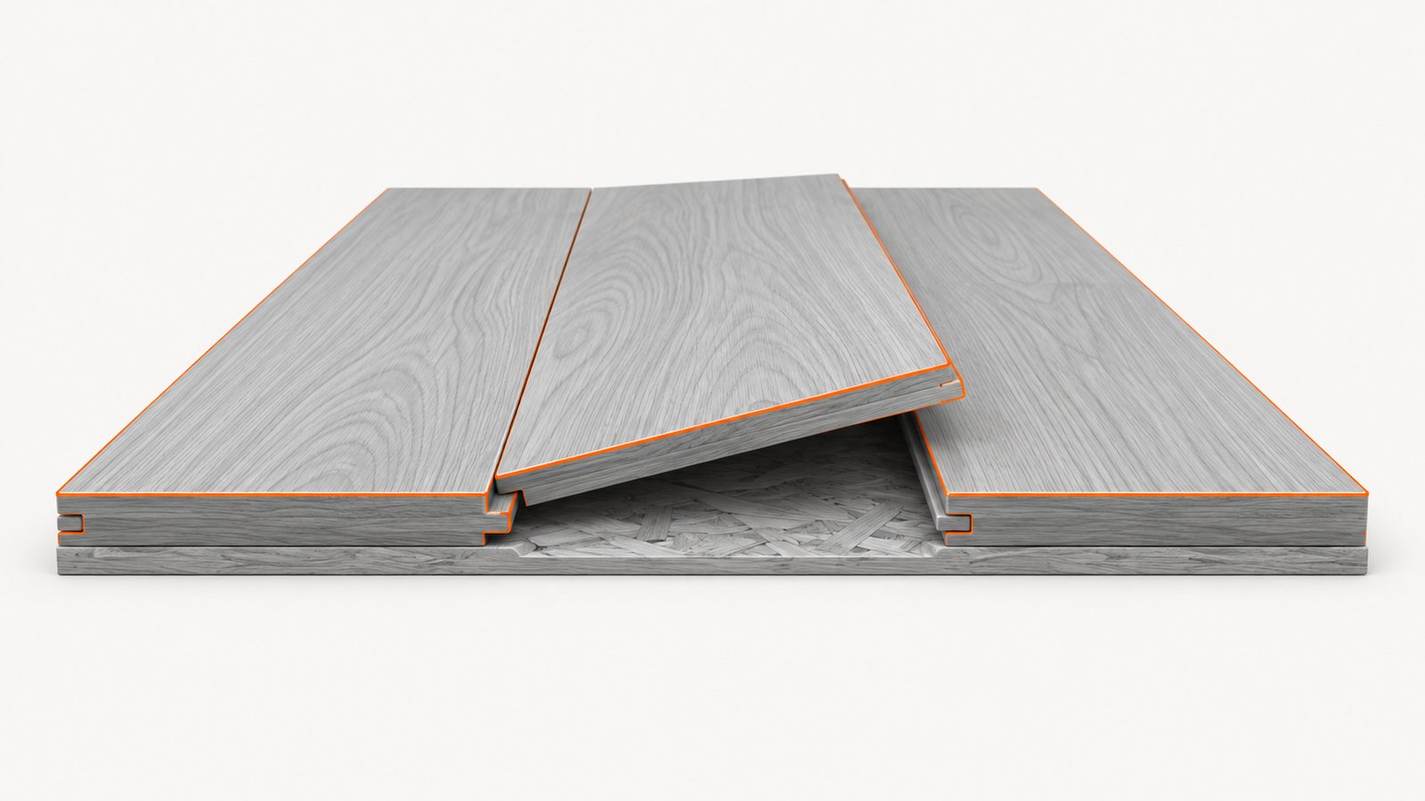 A run of wood floor planks with one plank lifted at the end to reveal the subfloor beneath