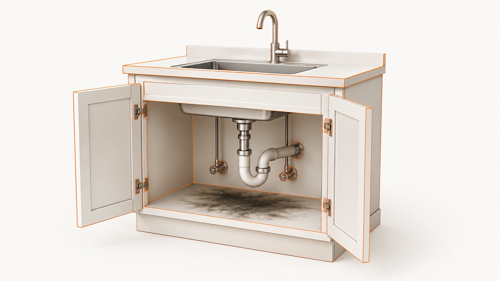 Open under-sink cabinet showing plumbing connections and a stained cabinet floor