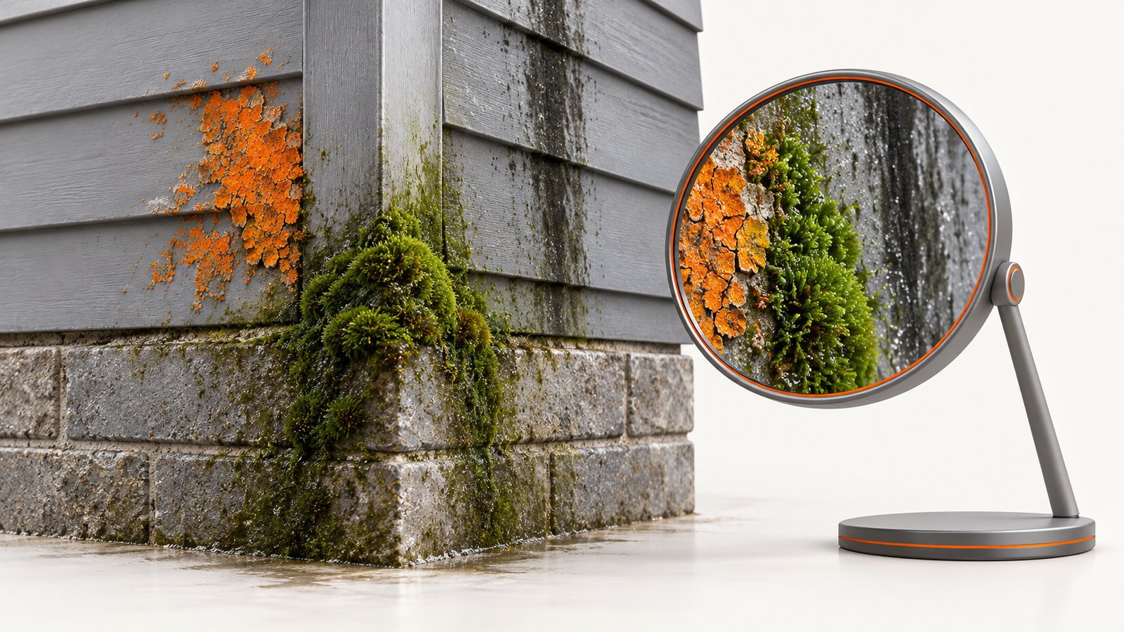 Damp shaded wall corner with moss, a flat crust patch and a dark streak on gray siding beside a magnifying lens